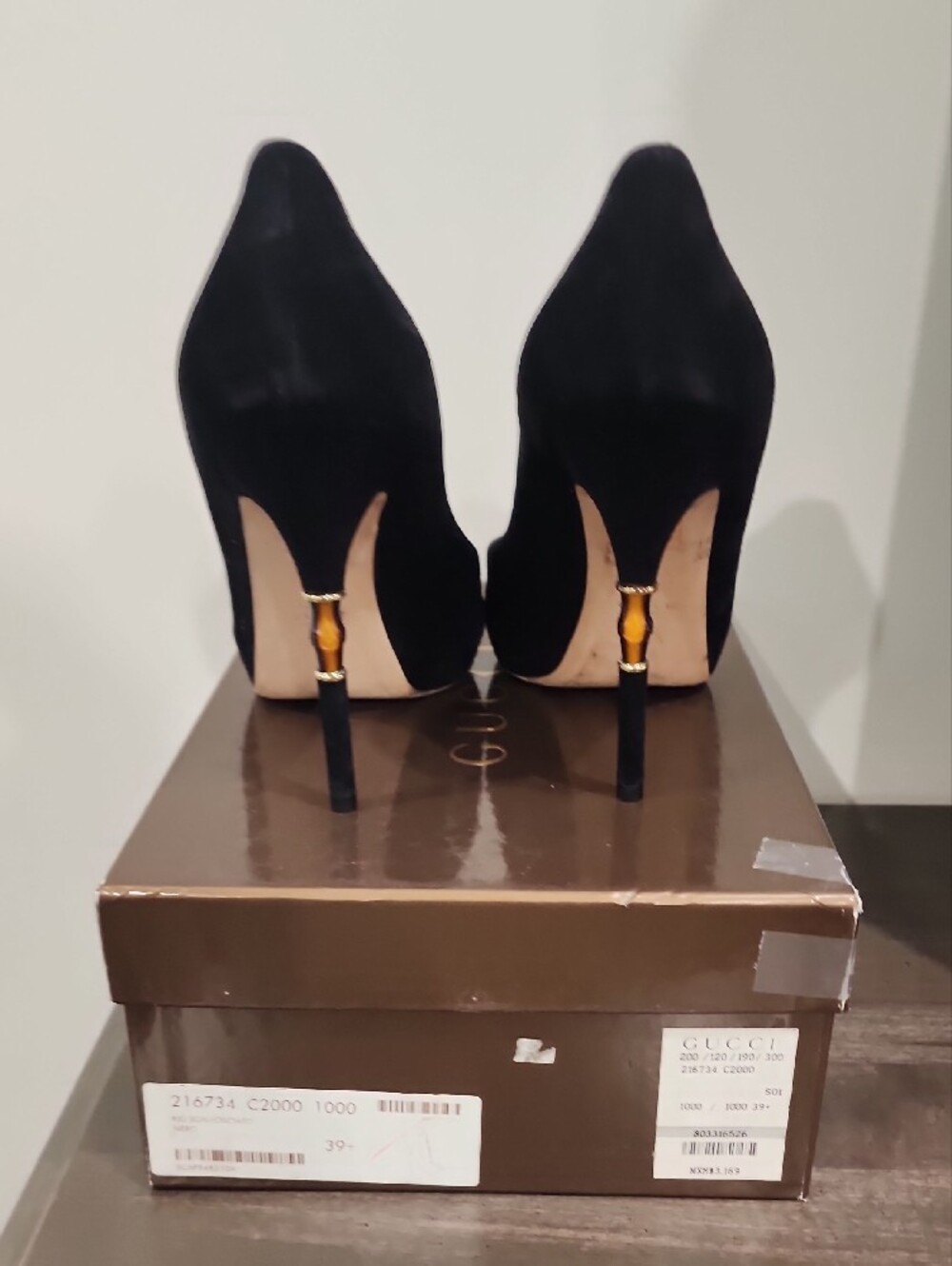 Gucci Black Suede Peep-Toe Pumps with Bamboo Wrapped Heel